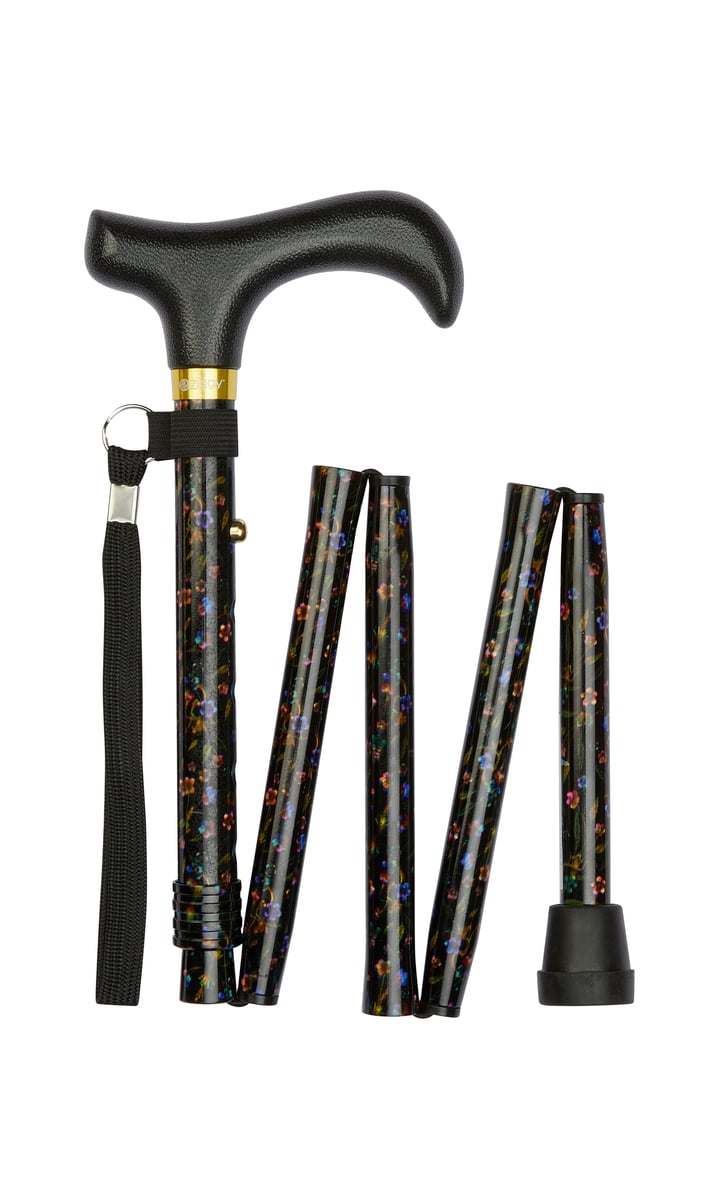 Handbag Size Folding Stick - Black Floral
