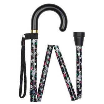 Black Floral Crook Handled Folding Walking Stick