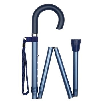 Blue Crook Handled Folding Walking Stick