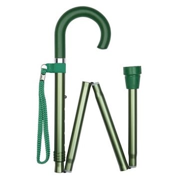 Green Crook Handled Folding Walking Stick